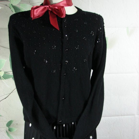 Liz Wear Black Sequin Cardigan 50s look Retro sweater button front Lg L/S wool - Picture 1 of 16
